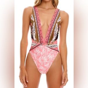 NWT Agua Bendita Ellis Plunge One-Piece Swimsuit Small S Pink NEW Pink